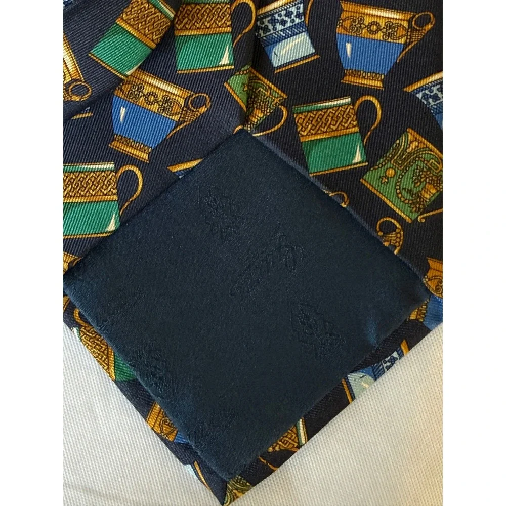 Vintage Gucci Men Tea Cups Neck Tie Navy Blue Silk Italy Luxury Designer Italian